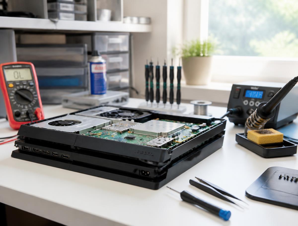 Repair bench with a partially disassembled game console, multimeter, and soldering station