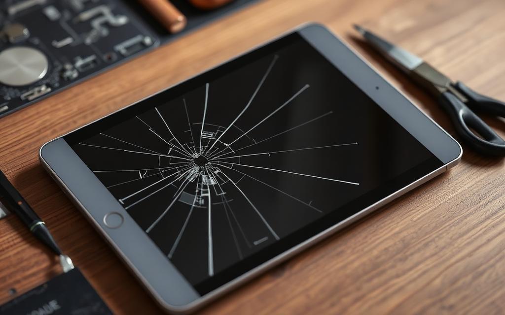 Tablet with a cracked screen beside a replacement display panel